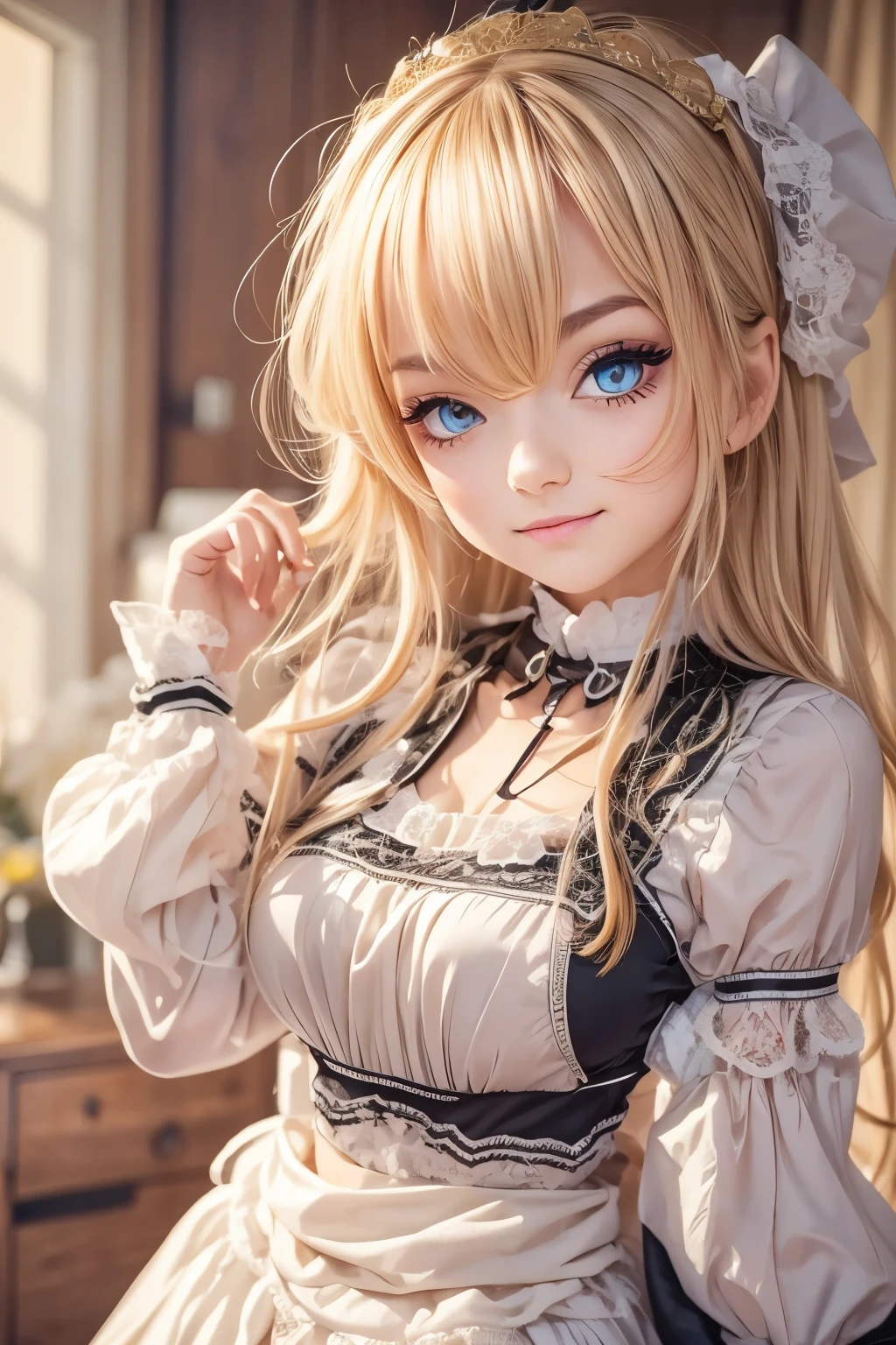 18 year old beautiful girl, big eyes, large breasts, and slender, 8K, top quality, (very detailed head: 1.0), (very detailed face: 1.0), (very detailed hair: 1.0), maid clothes, very detailed official artwork, anime moe art style, clean detailed anime art, smile, golden hair, smooth long hair