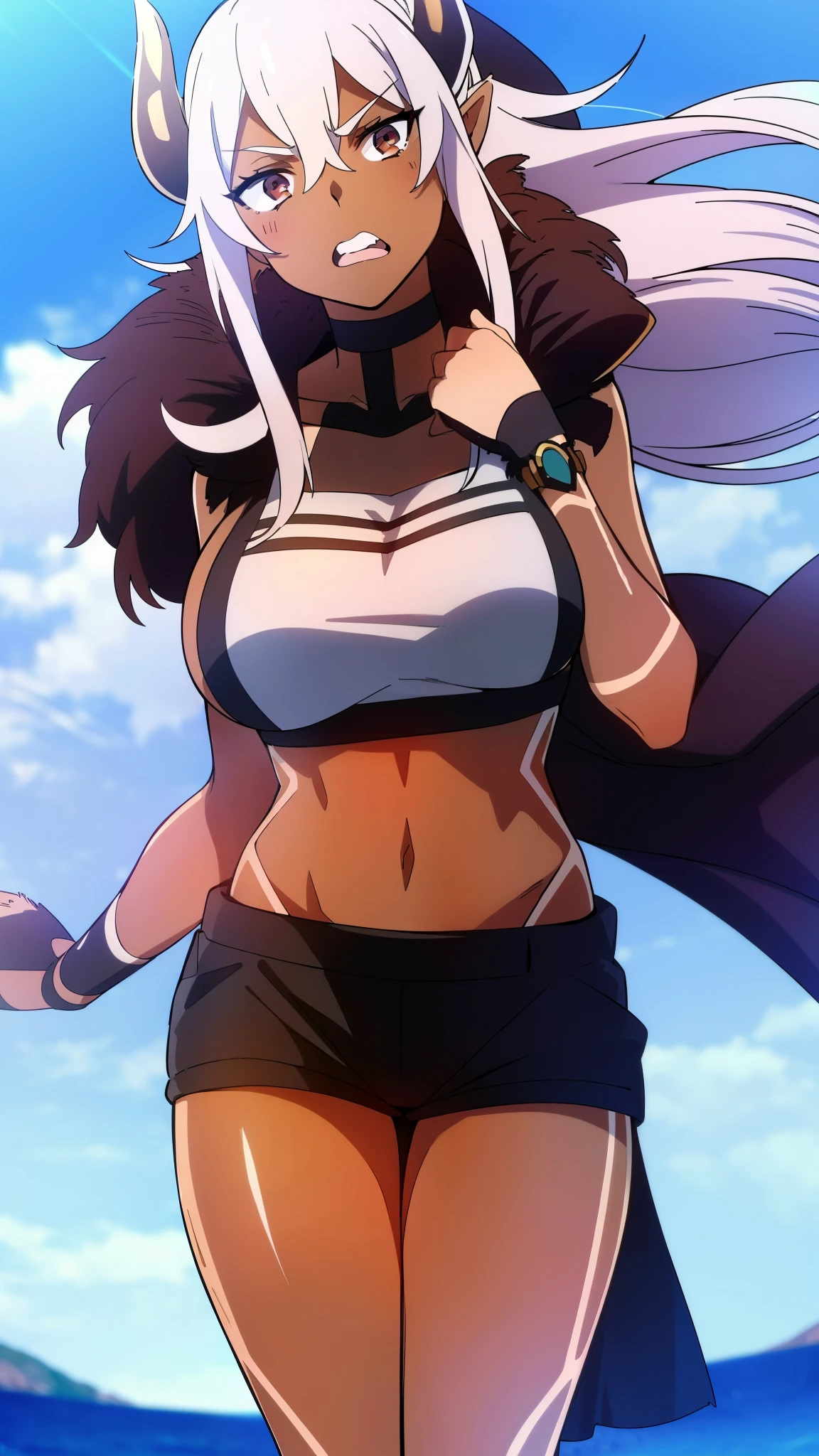 ((1girl,solo,mature female,tall)),big breasts,long hair, white hair,angry,horns,elf ears,black scarf,(dark skin),((midriff,black sports bra,neck fur)),(walking in a village),