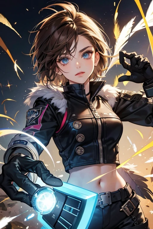 Gandra has tan feathers, short dark brown hair, blue eyes and generally wears punk-rock clothing. She also has nanotechnology installed in her hands to charge up objects or shock people and wears gloves over them. SPARKLE; GLITTER