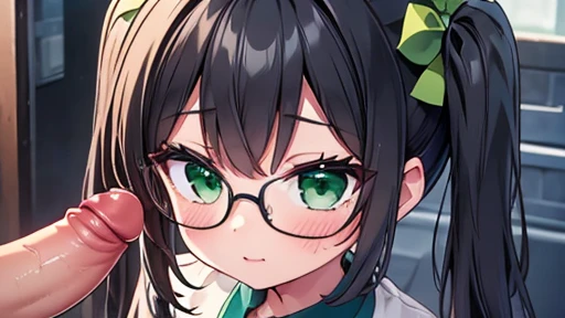 highest quality,wonderful,finely,extremely detailed CG unity 8k wallpaper,written boundary depth,1 girl, big breasts,(nipple with penis :1.3), black hair, glasses, green eyes,twin tails,full body, highest quality,Super detailed,unity 8k wallpaper,game CG,