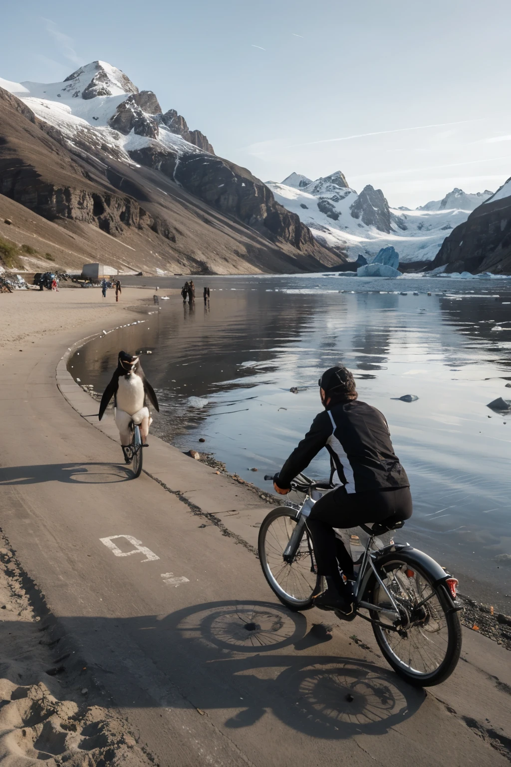 penguin riding a bicycle with another penguin running on the beach and in the background a glacier  
