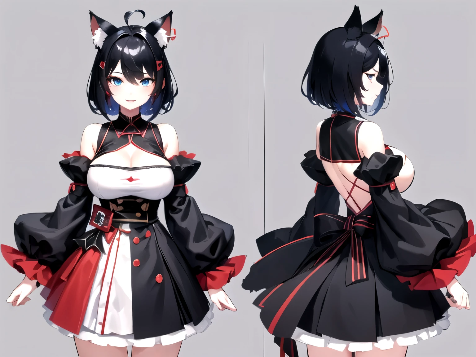 ((upright)), ((arm to the side)), looking at the viewer, simple background、white background, 1 girl, open your mouth, smile, Virtual YouTuber、with a girl、((highest quality, expensive_solve, clear_image)),(black hair), (black cat ears), (Ahoge), (ridiculously short hair), (wavy hair),Red earring color (blue eyes),、laughter、very big breasts、whole body、I can see the cleavage、Dressed in student uniform、character sheet,character reference sheet, character design sheet, ((View from the front, side view)) symmetrical elements of clothing,