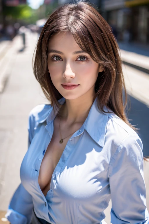 ((highest quality, 8K, masterpiece :1.3)), sharp focus :1.2, beautiful woman with perfect figure :1.4, thin abs :1.2, ((dark brown hair, big breasts :1.2)), (white button up long shirt :1.1), city street:1.2, Highly detailed face and skin texture, fine eyes, double eyelid