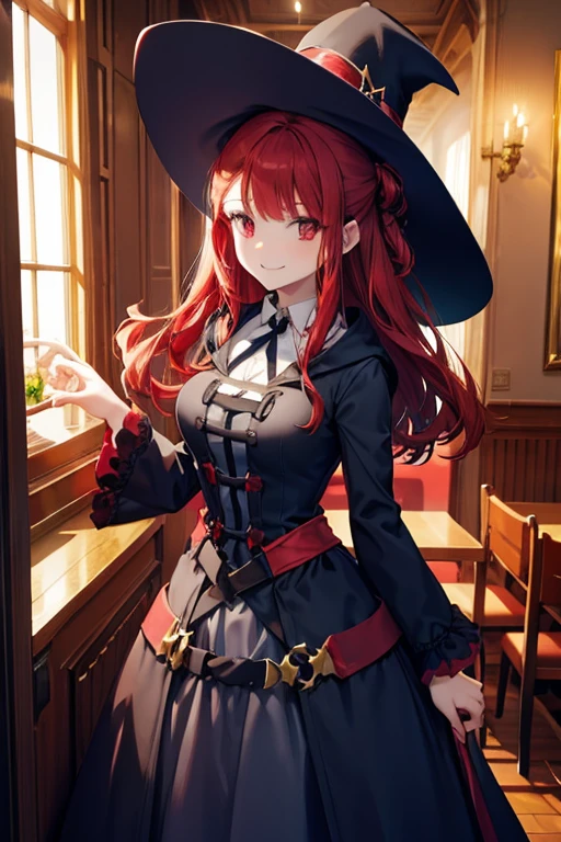 A red haired female witch with red eyes with an hourglass figure in a victorian dress is leaning forward while smiling