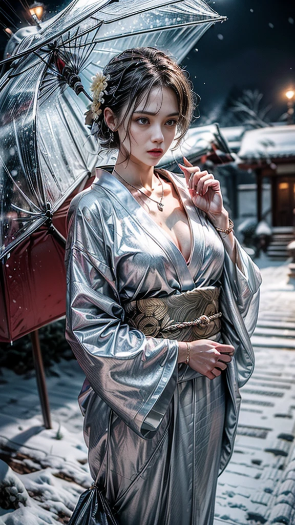 (Photoreal:1.5, 8K, highest quality, masterpiece, ultra high resolution), (((heavy snow, Blizzard))), Highly detailed skin and facial textures:1.3, perfect dynamic composition:1.2, (In front of a shrine at night in a modern city, expression of sadness:1.0, Tears are flowing:1.0, cry with a broken heart:1.0), Slim office lady wet in the rain:1.2, cowboy shot, Fair skin:1.2, sexy beauty:1.1, perfect style:1.2, beautiful and aesthetic:1.1, very beautiful face:1.2, water droplets on the skin, (rain drips all over my body:1.2, wet body:1.2, wet hair:1.3), (Professional kimono dressing:1.1, Bouquet of wet daffodils in hand:1.2, Wearing a wet silver kimono correctly:1.3), (Medium chest, bra is see-through, Chest gap), (Big eyes that exude beautiful eroticism:0.8, adult charm:0.8, Bewitching:0.8), necklace, earrings, bracelet, wedding ring, Highly detailed and accurate hand and finger representation