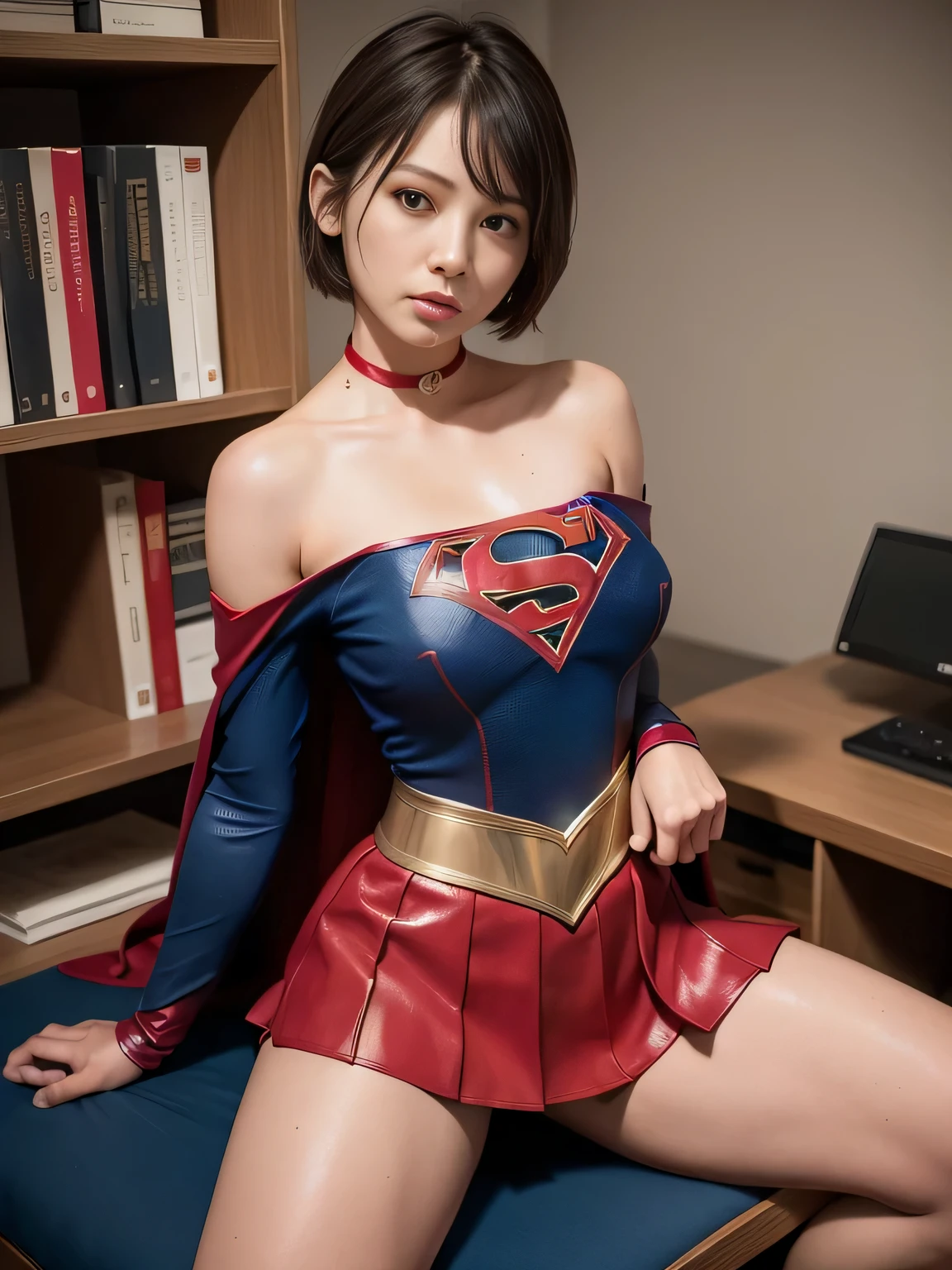 masterpiece、supergirl costume、short hair、barefoot、big and full breasts、Research room、operating table、legs crossed、Tattered、shiny、look at the camera、Sexy poses to seduce、model body shape、choker、long sleeve、red mini skirt、Cowgirl、Estrus、sweaty、Radical、off shoulder、Glamorous、
