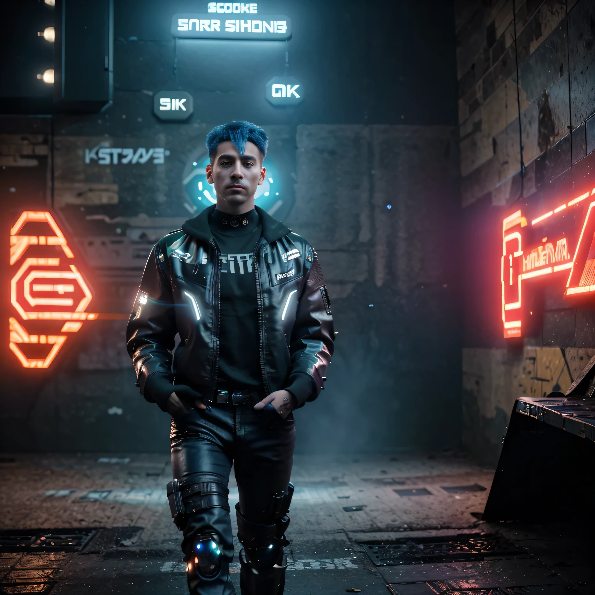(best quality,8k,ultra-detailed,realistic:1.37),(cyberpunk:1.1),(handsome:1.1),boy,realistic face,glowing neon lights,mysterious background,futuristic cityscape,cybernetic enhancements,digital tattoos,cool futuristic fashion,steampunk-inspired goggles,electric blue hair,stylized urban setting,vivid colors,sharp focus,strong highlights and shadows,high contrast,gritty and dystopian atmosphere,cool attitude,confidence,emotional expression,graffiti-covered walls,technological advancements,advanced artificial intelligence,hovering drones,flying vehicles,innovative architecture,strong presence,perfectly groomed eyebrows and facial hair,-assistant, profesor, whole body, armor, book, tron