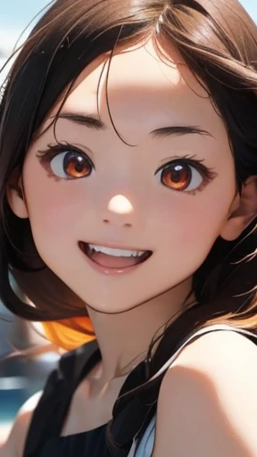 highest quality、realistic、Japanese、girl、whole body、look at the camera、cute、smile、orange eyes、long hair、black hair、all back、Forehead is coming out、Ocean、sleeveless dress