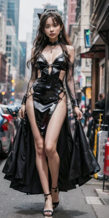 Korean,((Best quality, 8k, Masterpiece :1.3)), 1girl, smiling, full body,Leg length, slim face, Pretty woman, (Dark brown hair), full length dress :1.1, Ultra-detailed face, Detailed eyes, Double eyelid, blur background, slim face, city, outside, street,threesome,overkneeboots,party night,lingerie,full body, perfect face,Lauren Jauregui, smiling cosplay expo body provided sexy