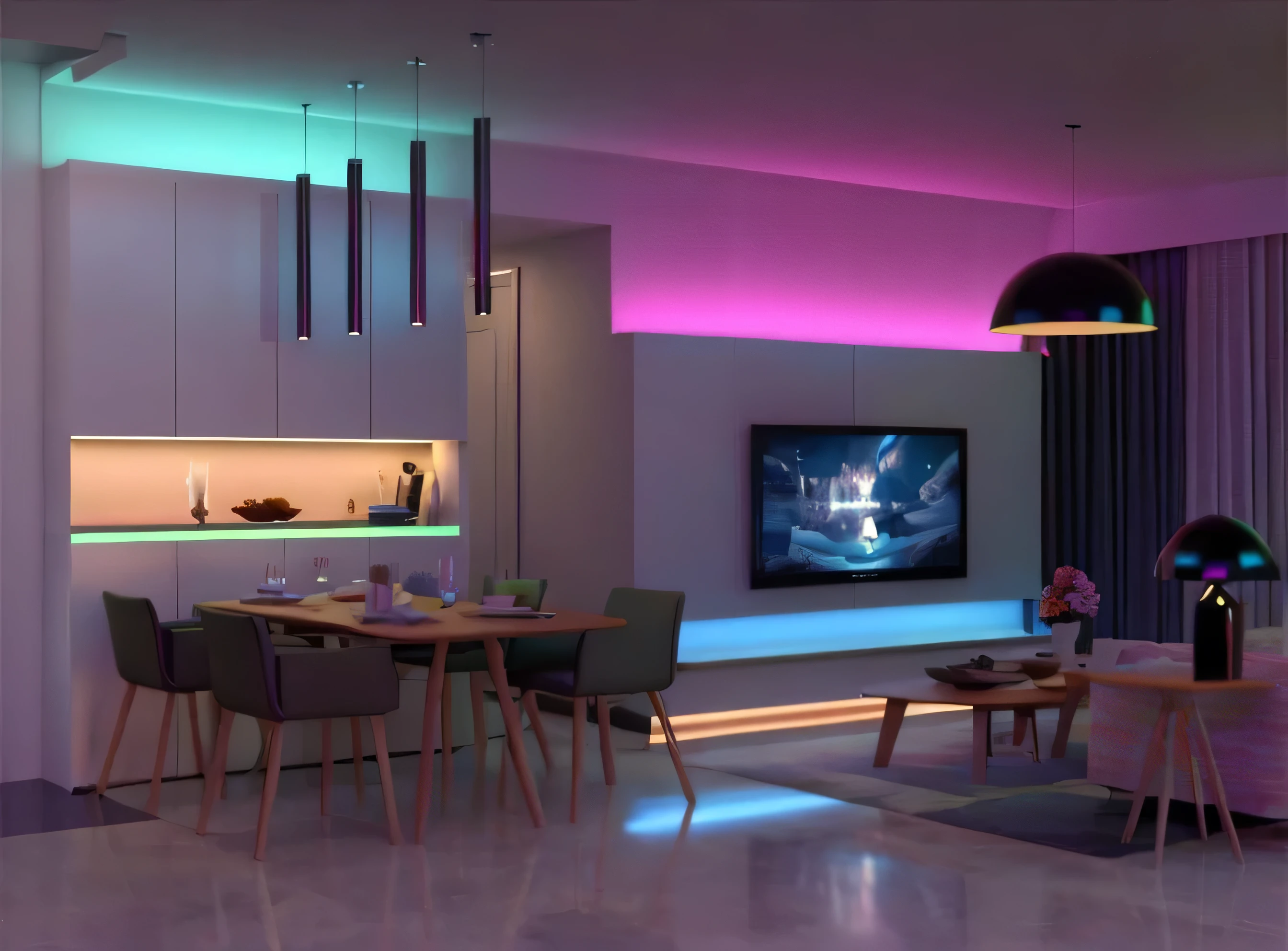 bright living room,Equipped with TV and dining table, LED strip light, movie mood lighting, RGB lighting, RGB LED lights, movie color lighting, cinematic accent lighting, neon ambient lighting, colored lighting, Colorful lights, Ambient lighting, gentle ambient lighting, RGB lights, ambientlighting, Bright ambient lighting, Dramatic and colorful lighting, Colorful lights, Dramatic colored lights