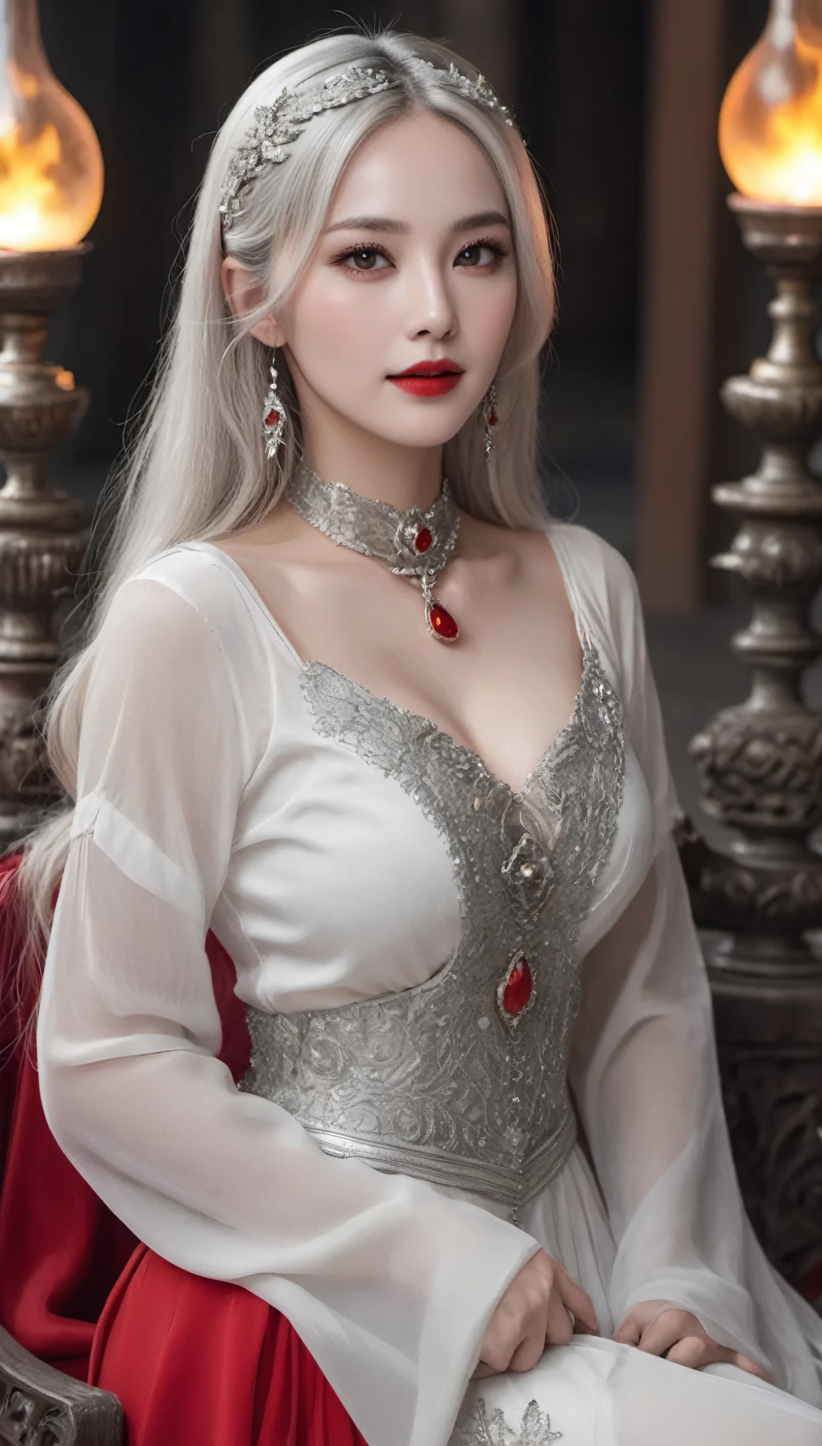 (((surreal woman)))、((very beautiful 30 year old white woman))、(((Big big cleavage)))、のWitch girl、blonde mature、plump body shape、smile、middle-aged beauty 、Very delicate and delicate skin texture、Witch girl、{(ancient ornate and luxurious temple)、(many torches are burning)}、red lips、fine scarlet eyes、(((Luxury and gorgeous silver outfit and luxurious accessories)))、I have a shining platinum wand、
