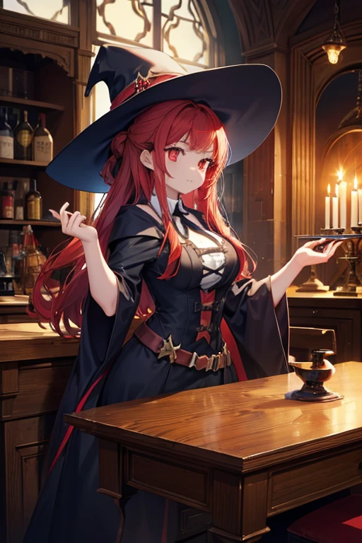 A red haired female witch with red eyes with an hourglass figure in a victorian dress is mixing a potion in a giant cauldron