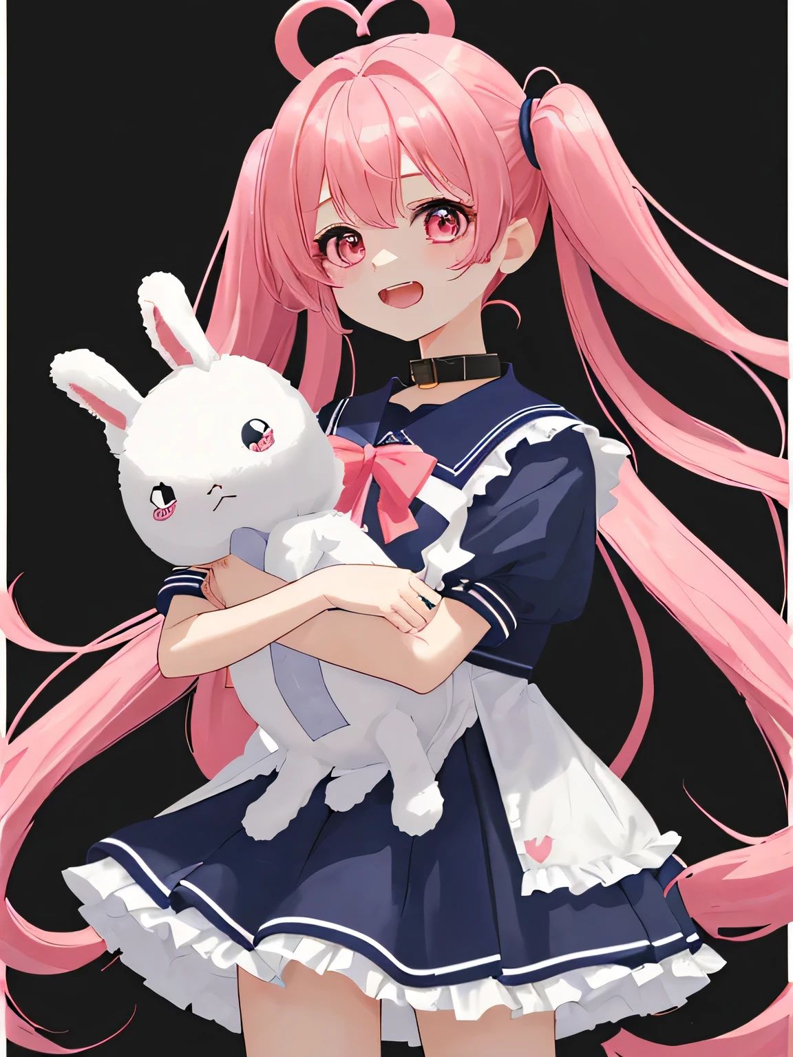 Xu high quality、Two-dimensional beautiful girl、cute、girl、Dark pink hair、Hair style is twin tails、lots of races、cute costume、Original image 8K、live、laughing、independent、Clothes with a collar、Fluffy short sleeves、Fluffy skirt、The background is beautiful、super high quality、cute hairstyle、eyes are shining、Holding a stuffed rabbit in front of his face