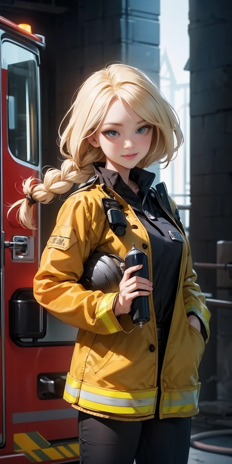 (nsfw, vulgar art:1.2), (2d style:1.2), (artwork:1.2), (lineart:1.33), , by (Satoshi Kon:1.2) BREAK, best quality, masterpiece, 8k, (hdr:1.1), (cinematic:1.2), (firefighter's outfit, firefighter's outfit:1.4), (medium breast:1), elsa of arendelle, long hair, smile, blue eyes, (blonde hair:1.3), braid, single braid