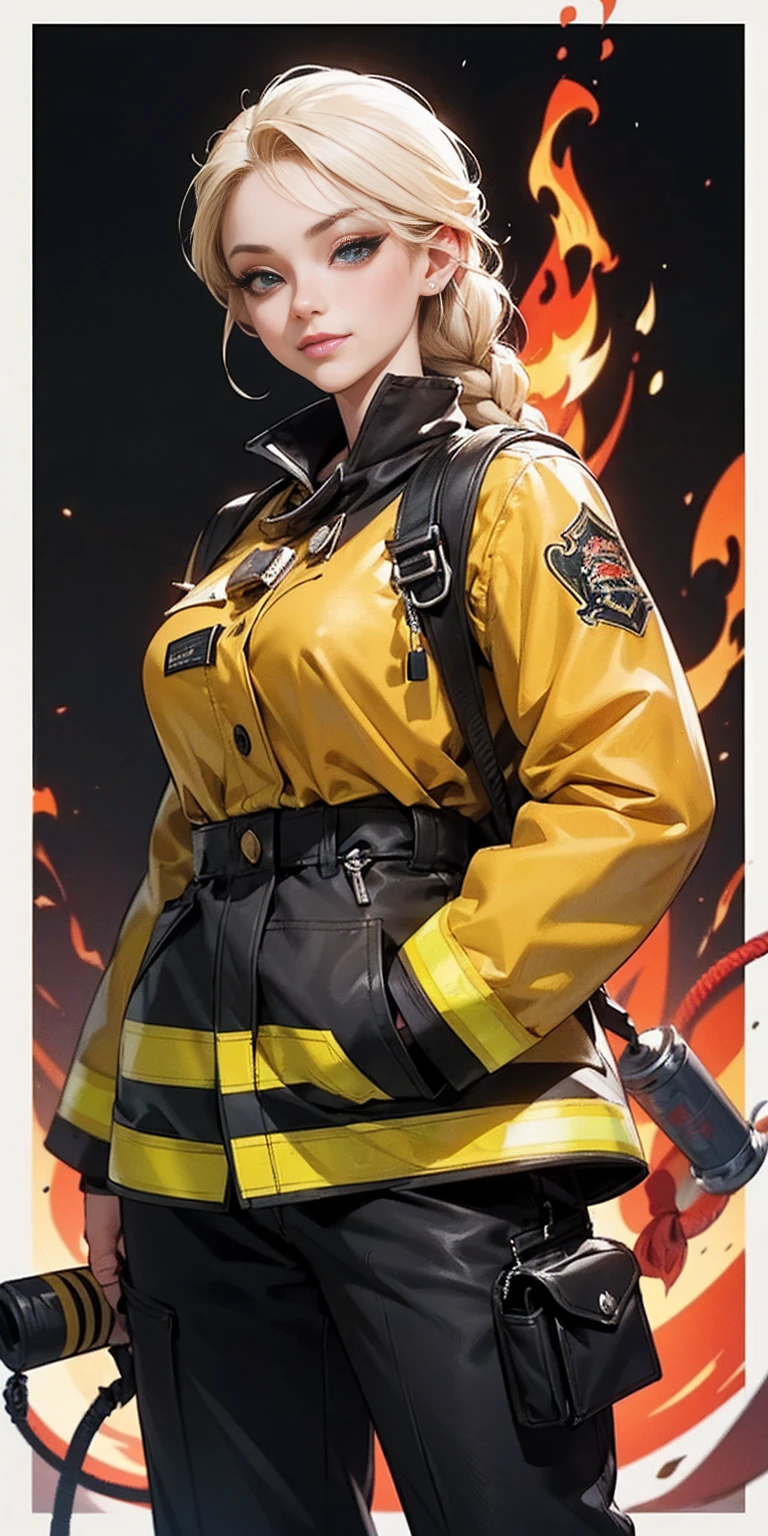 (nsfw, vulgar art:1.2), (2d style:1.2), (artwork:1.2), (lineart:1.33), , by (Satoshi Kon:1.2) BREAK, best quality, masterpiece, 8k, (hdr:1.1), (cinematic:1.2), (firefighter's outfit, firefighter's outfit:1.4), (medium breast:1), elsa of arendelle, long hair, smile, blue eyes, (blonde hair:1.3), braid, single braid