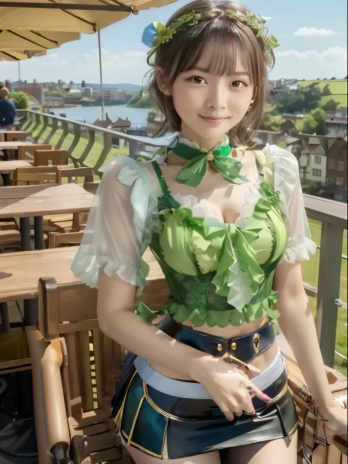 4k、live-action、high resolution、mini skirt、Thin crinkled fabric、Green low rise skirt、The belly button is cool、A lace mini skirt with frills at the hem、I can see my thighs