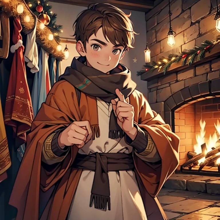 Boy with brown hair, cara feliz, bufanda y ropa de navidad