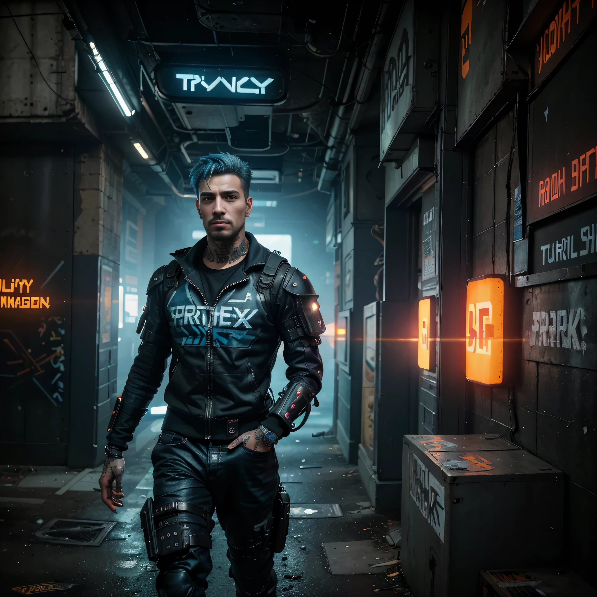 (best quality,8k,ultra-detailed,realistic:1.37),(cyberpunk:1.1),(handsome:1.1),boy,realistic face,glowing neon lights,mysterious background,futuristic cityscape,cybernetic enhancements,digital tattoos,cool futuristic fashion,steampunk-inspired goggles,electric blue hair,stylized urban setting,vivid colors,sharp focus,strong highlights and shadows,high contrast,gritty and dystopian atmosphere,cool attitude,confidence,emotional expression,graffiti-covered walls,technological advancements,advanced artificial intelligence,hovering drones,flying vehicles,innovative architecture,strong presence,perfectly groomed eyebrows and facial hair,-assistant, profesor, whole body, armor, book, tron