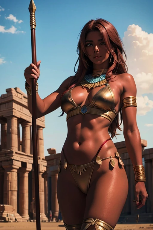 beautiful hi-res 4k savage female golden bronze skin amazon ancient ruins of Egypt gold breastplate long dark red hair with spear