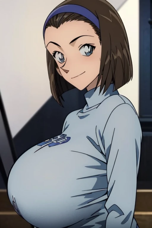 looking at camera、When I Look at You、lookatviewer、anime style、Eroge、1 girl, (huge breasts:1.5)、((A light grey long sleeve T-shirt))、Low - Angle、brown haired, hair band、bob hair、I can see the forehead、blush, bangs, Upper body,round chest、smile、whole body、(From the side:1.5)