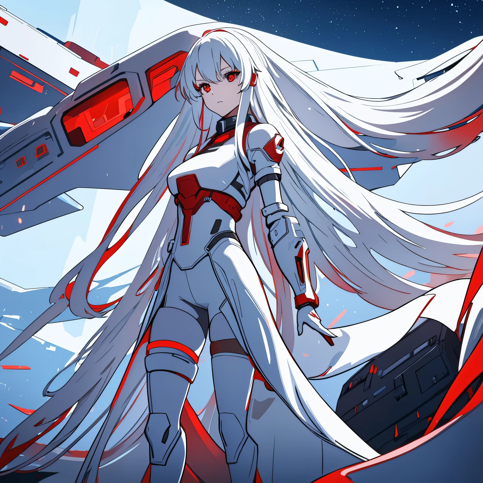 A woman , red eyes, on a white futuristic platform, sky with stars, various background structures,very detailed, ultra resolution, masterpiece. 8k hd
