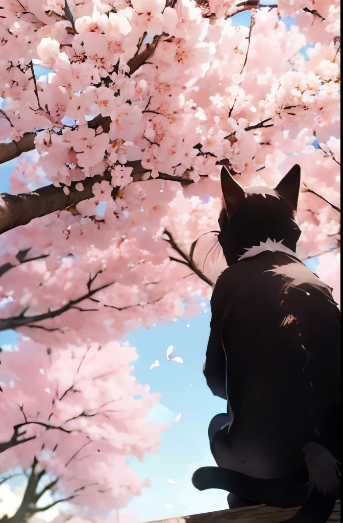 The back of a cat looking up at cherry blossom trees swaying in the wind
