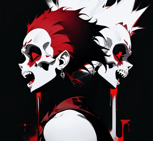 masterpiece, ultra detailed, best quality, uhd, 4k, 8k, scull, mohawk, open mouth, fangs, neck, shoulders, side view, "EXPLOITED  illustration, red and black color palette, simple black background, exploited let's start a war album, an album cover by Greg Staples, reddit, nuclear art, punk album cover, official artwork,