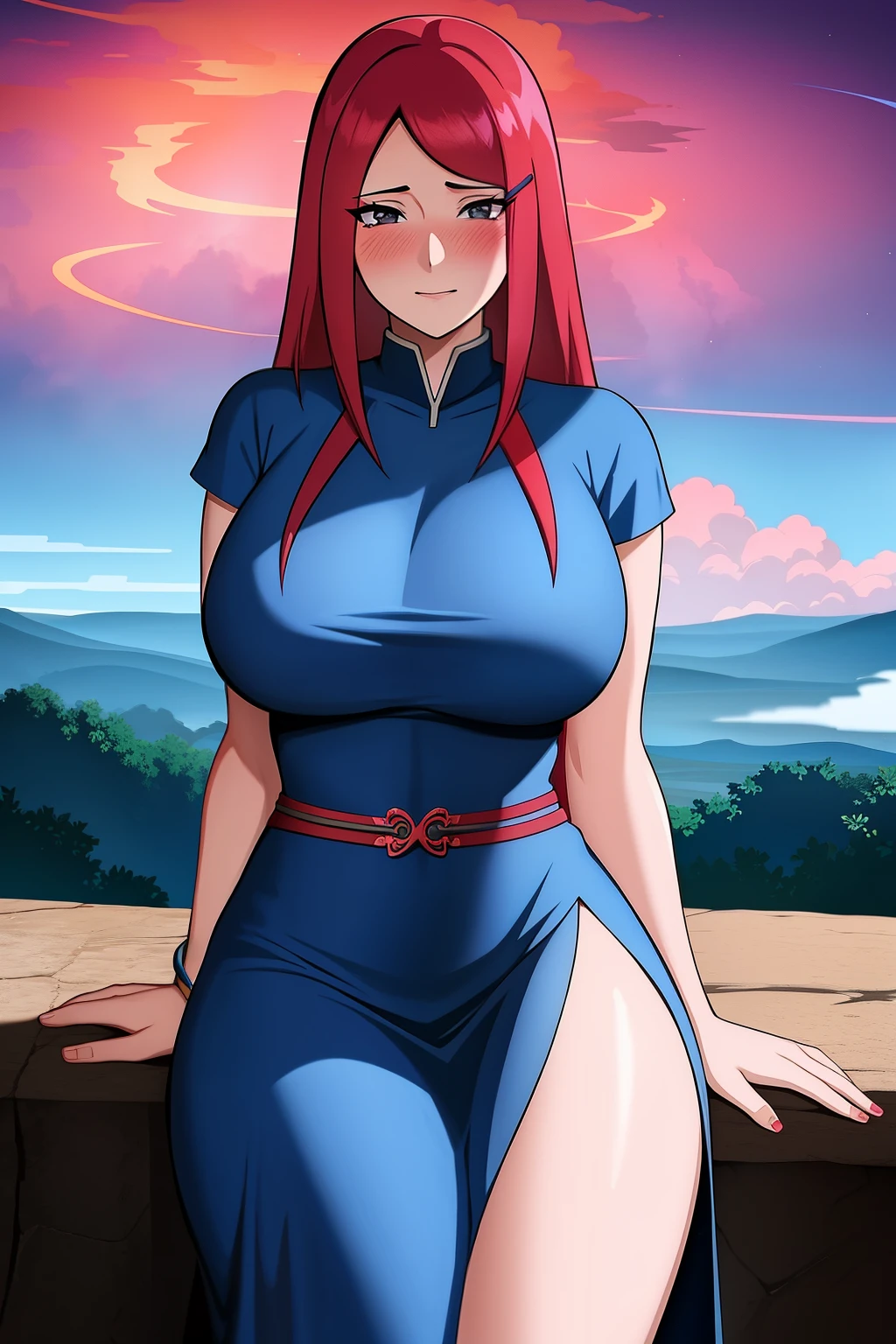 Female Kagé from Naruto Shippuden, with radiant red hair cascading down her shoulders, wears a blue dress that subtly reveals her perfect anatomy and intricately detailed lava jutsu. Her Happy expression is accentuated by a gentle red blush on her cheeks. Her beautiful hands, adorned with perfect nails, rest on the table as she focuses intently on the viewer. The background is set against the backdrop of a mystical, fiery landscape, with steam rising from the lava flow.