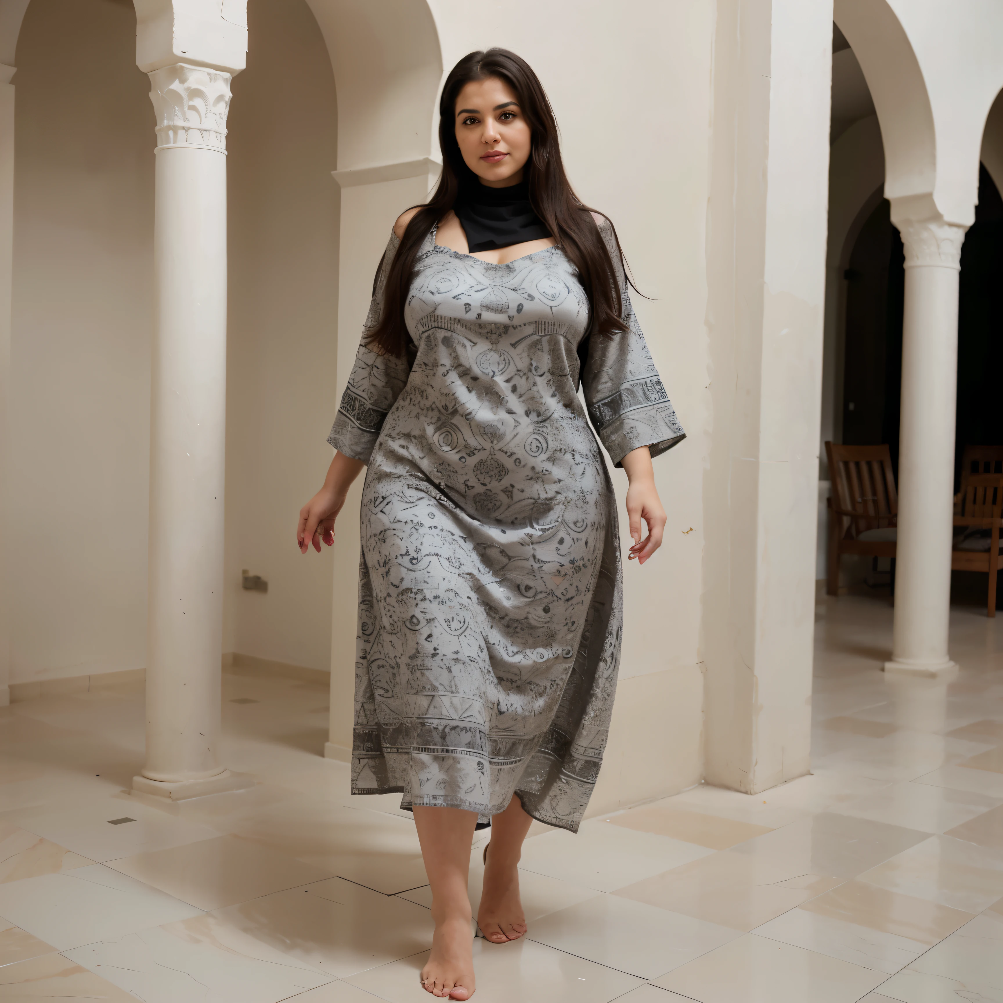 Hyper realistic portrait of a curvy and modest arabic 50 years old woman, full body, black long hair, without hijab, loose dress, with different backgrounds