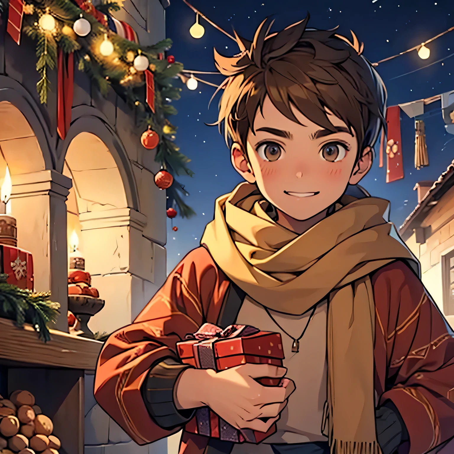 Boy with brown hair, cara feliz, bufanda y ropa de navidad