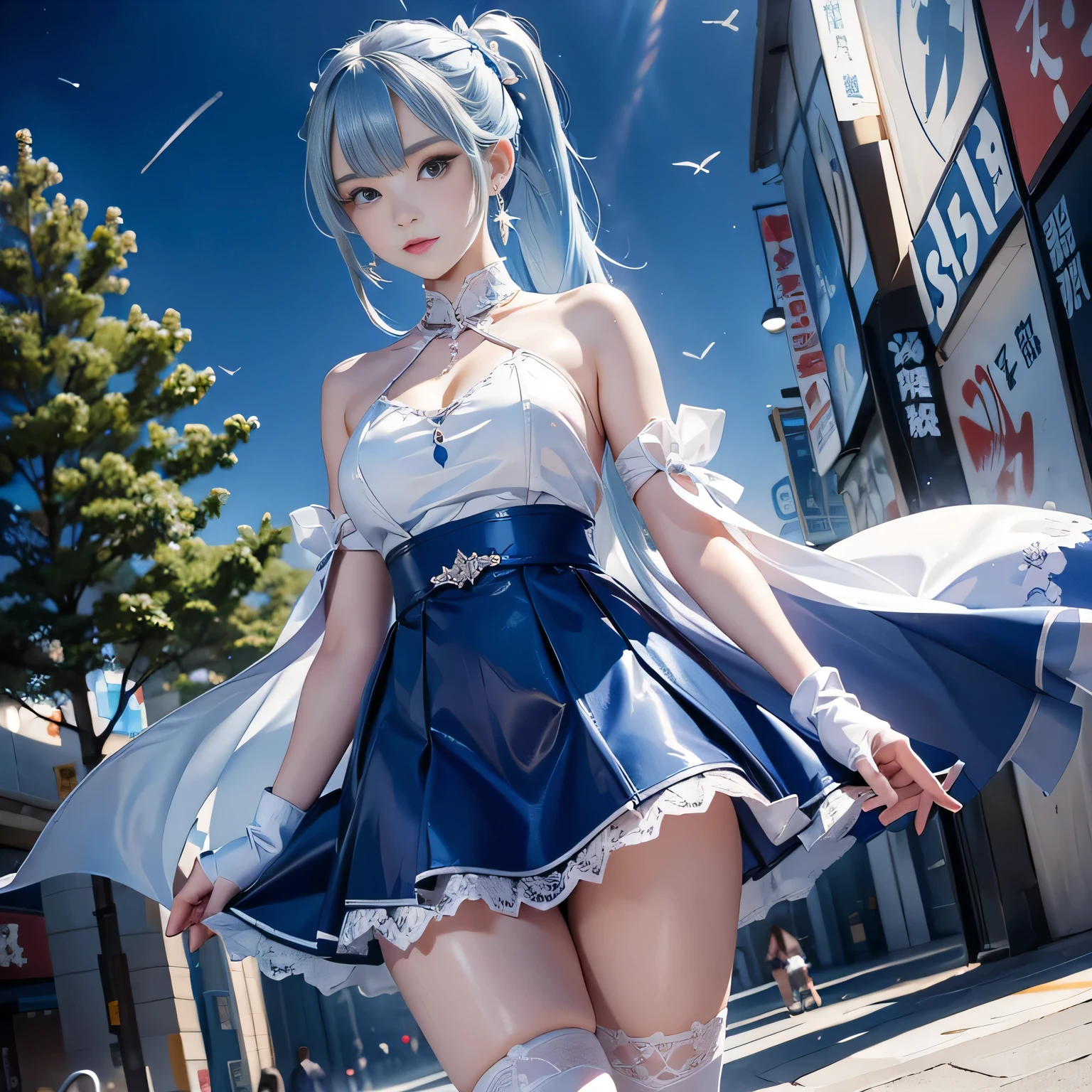 (Vulgar,nsfw),(skirt lift,very windy),(beautiful elegant white panties),very low angle,from below),((masterpiece, highest resolution,best quality)), (beautiful illustration), ((Kamisato Ayaka in Genshin Impact)), ((semi long beautiful silver blue hair,blunt bangs,pony tail,beautiful blue eyes)),(solo),(beautiful elegant office blouse and black skirt,skirt lifted by the wind),(looking at the viewer), (walking around the shopping mall),
(innocent smile, Embarrassed),(white over-kneehighs,Lace chalker, wristband, fingerless gloves, over-kneehighs,
Lace chalker, diamond necklace,wristband, fingerless gloves, earrings), (cinematic lighting, very windy),shopping mall,big city,busy street,day,blue sky,flowers and trees,crowded,