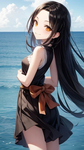 highest quality、realistic、Japanese、girl、whole body、look at the camera、cute、smile、orange eyes、long hair、black hair、all back、Forehead is coming out、Ocean、White sleeveless dress