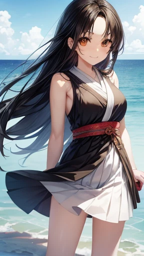 highest quality、realistic、Japanese、girl、whole body、look at the camera、cute、smile、orange eyes、long hair、black hair、all back、Forehead is coming out、Ocean、White sleeveless dress