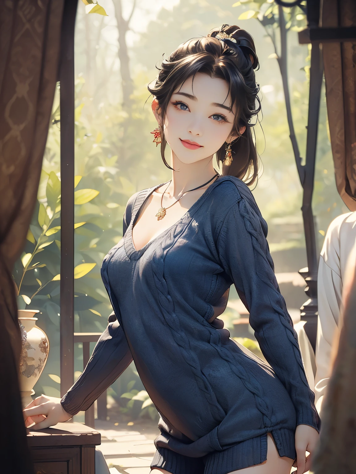 ((((highest quality))))、(((Ultra-precision CG16K wallpaper)))、(((masterpiece)))、(((Super detailed)))、(((super extreme details)))、((1people's women))、mature woman、24 year old woman、(((clarity、detailed face:1.6)))、((Japanese face))、((very beautiful face))、((Mai Shiraishi:1.5))、((straight long ponytail hair、blunt bangs:1.5))、(shiny brown hair)、((Big eyes with double eyelids))、beautiful delicate eyes、brown eyes、raised eyebrows、high nose、small nostrils、small mouth、seductive lips、beautiful breasts、((C cup size breasts))、cleavage、plump body、(Chubby body type)、perfect proportions、perfect anatomy、perfect composition、beautiful detailed shading、beautiful natural lighting、beautiful detail glow、Depth of the bounds written、(((High chroma)))、(((real:1.9)))、((vivid:1.5))、((edge:1.6))、((beautiful skin))、((skin texture))、((realな皮膚感))、(((cowboy shot:1.6)))、(((Front facing angle:1.8)))、((A shy, smiling face:1.5))、(Eyes looking at me:1.5)、Bright daylight、Natural light、(((in the forest:1.5)))、(standing pose:1.5)、(((V-neck rib knit long sweater_Dark blue clothing:1.6)))、((earrings、wearing necklace:1.3))、