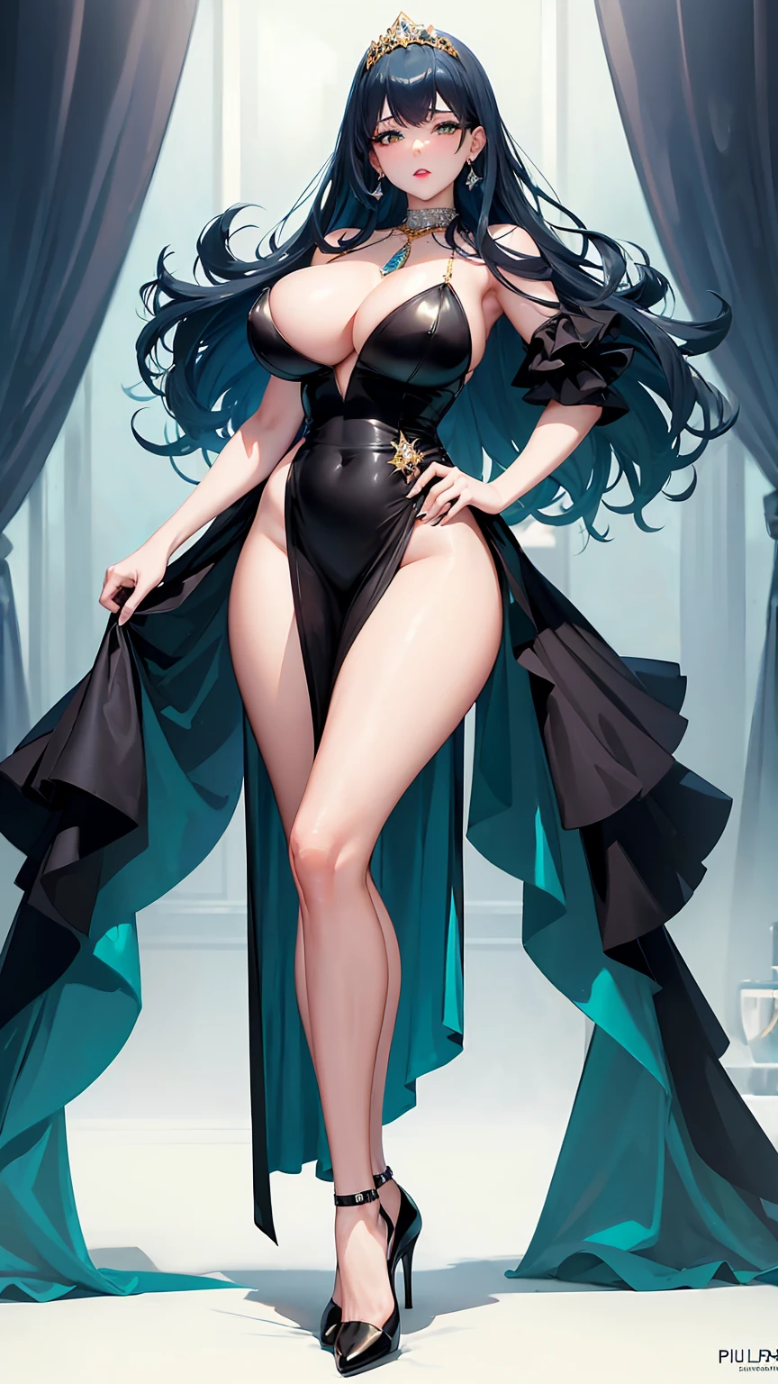 1Woman milf "Giant breasts" + "large rear" + "tall"+ "wide hips" + " tiny waist" + "plump thighs" + "slanted eyes bluish green color " + "dark blue color Hair" +"Red Lips" + "Lucious Lips"”) outfit: (Expensive black dress, diamond high heels, diamond earrings, gold rings, diamond necklace, diamond tiara)