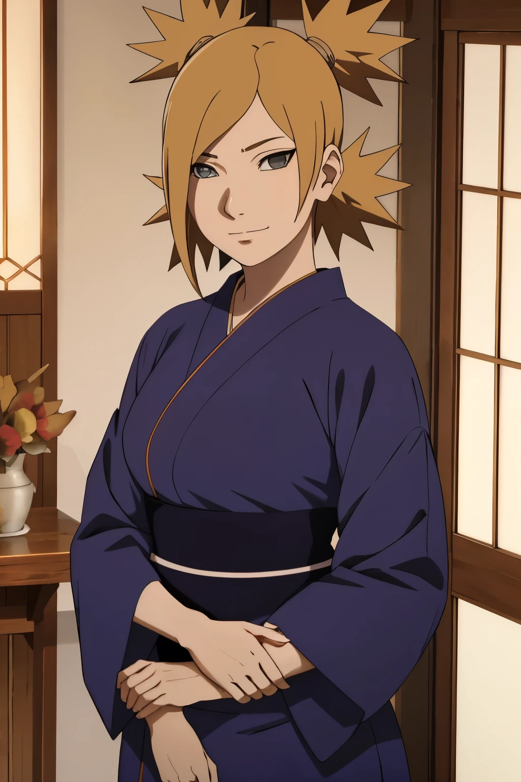 Temari from Naruto Shippuden, with a fiery spirit 🥵, radiantly beautiful beautiful face, virtuous and determined heroic, her exquisite facial features, perfectly framed by her wavy, chestnut brown hair SND Brown hair, styled into asymmetrical bangs, framing her beautiful, A face that smiles gently, showcasing her seductive, playful demeanor. Dressed in her signature traditional Japanese attire, the fabric hugging her slender body