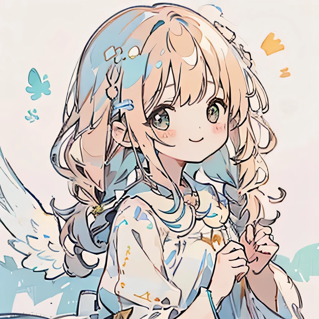 transparent watercolor、girl、jewel eyes、beautiful arrangements and motifs、written boundary depth、flat avatar, 1girl, smile, light pink hair((left and right braids、,short twin tails,wavy hair)), hair with white tips, Fashionable design clothes((blue and white)),background white, cute girl、transparent dress、fluffy dress、transparent feather robes、beautiful girl、smile gently、transparent cloth、exposed、Summery、yellow and green、cheerful girl、Angel's Smile,