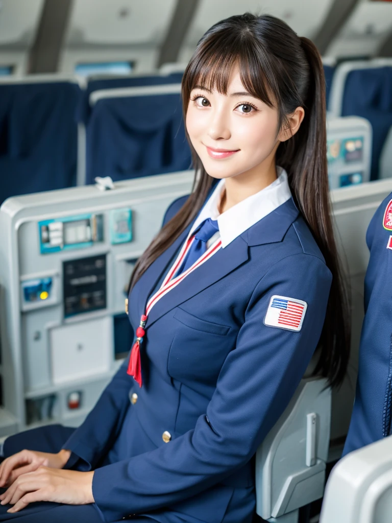 Beautiful Japanese woman in flight attendant outfit inside an airplane