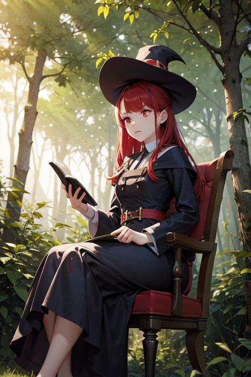 A red haired female witch with red eyes with an hourglass figure in a victorian dress is reading on a branch in the forest
