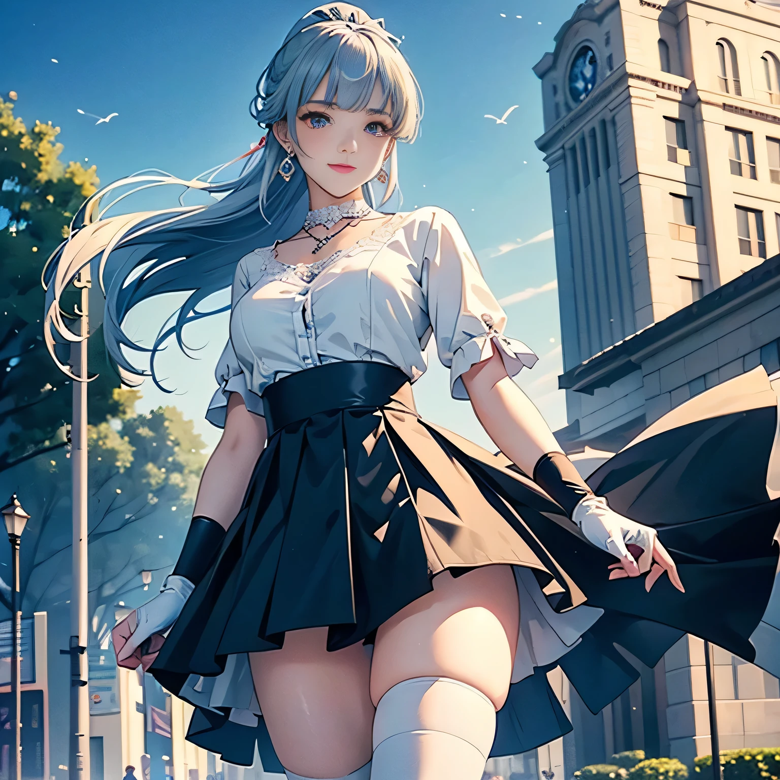 (Vulgar,nsfw),(skirt lift,very windy),(beautiful elegant white panties),very low angle,from below),((masterpiece, highest resolution,best quality)), (beautiful illustration), ((Kamisato Ayaka in Genshin Impact)), ((semi long beautiful silver blue hair,blunt bangs,pony tail,beautiful blue eyes)),(solo),(beautiful elegant office blouse and black skirt,skirt lifted by the wind),(looking at the viewer), (walking around the shopping mall),
(innocent smile, Embarrassed),(white over-kneehighs,Lace chalker, wristband, fingerless gloves, over-kneehighs,
Lace chalker, diamond necklace,wristband, fingerless gloves, earrings), (cinematic lighting, very windy),shopping mall,big city,busy street,day,blue sky,flowers and trees,crowded,