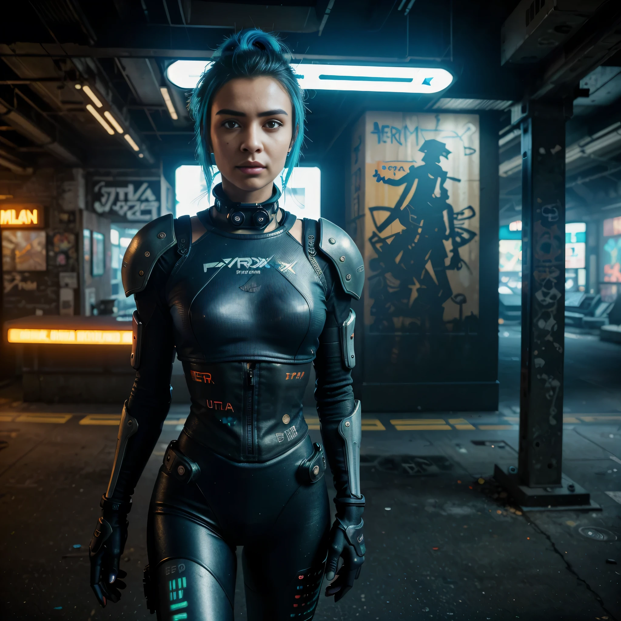(best quality,8k,ultra-detailed,realistic:1.37),(cyberpunk:1.1),(beautiful:1.1),girl,realistic face,glowing neon lights,mysterious background,futuristic cityscape,cybernetic enhancements,digital tattoos,cool futuristic fashion,steampunk-inspired goggles,electric blue hair,stylized urban setting,vivid colors,sharp focus,strong highlights and shadows,high contrast,gritty and dystopian atmosphere,cool attitude,confidence,emotional expression,graffiti-covered walls,technological advancements,advanced artificial intelligence,hovering drones,flying vehicles,innovative architecture,strong presence,perfectly groomed eyebrows and facial hair,-assistant, profesor, whole body, armor, book, tron