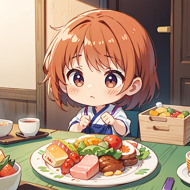 Photoreal、anime character（chibi girl、Shyness）Plate with（Lunch）