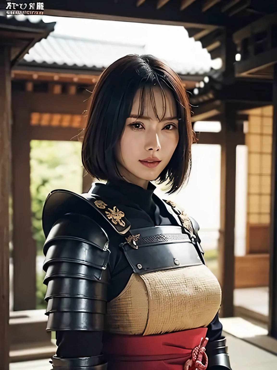master piece, best quality, (((real、realistic:1.37))), ((solo)), 8K quality , very delicate and beautiful, wonderful, Official art with attention to detail, incredibly ridiculous, huge file size, Super verbose, very detailed, (pretty girl), (detailed girl), small eyes and face, detailed and beautiful eyes, light makeup, (1 girl), (perfect woman image), big breasts, slim waist, big ass, (beauty of japan), ((whole body)), With bangs, ((Samurai Japan Woman)), ((Japanese ebony armor)), (Detailed Japan armor), (18-year-old), ((Samurai Japan Woman)), ((Japanese ebony armor)) , Wakizashi, (Detailed Japan armor), ((exposed exposed)), Shrines and temples,