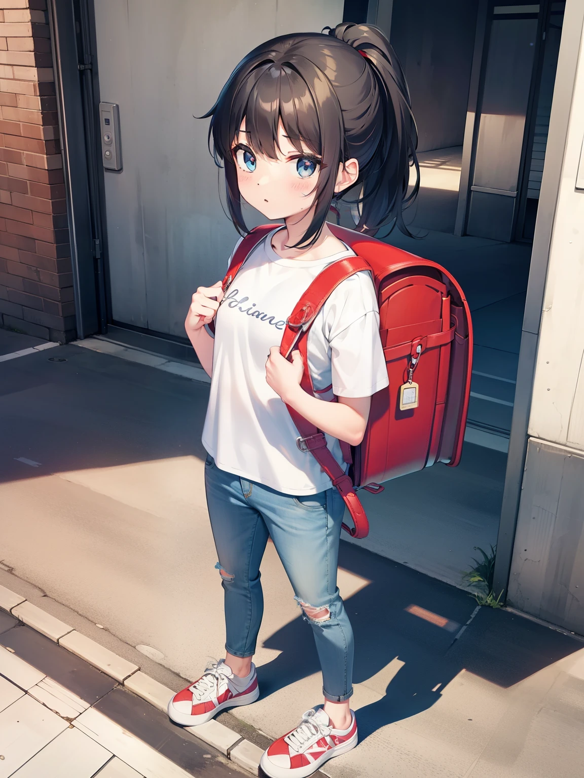 Masterpiece, hd, 1girl, 20 y.o, black hair, ponytail, wear white shirt, denim minipants, wear sneakers, carries randoseru backpack, (backpack:1.2), standing, fullbody, city