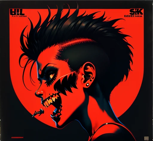 masterpiece, ultra detailed, best quality, uhd, 4k, 8k, scull, mohawk, open mouth, fangs, neck, shoulders, side view, "EXPLOITED illustration, red and black color palette, simple black background, exploited let's start a war album, an album cover by Greg Staples, reddit, nuclear art, punk album cover, official artwork,