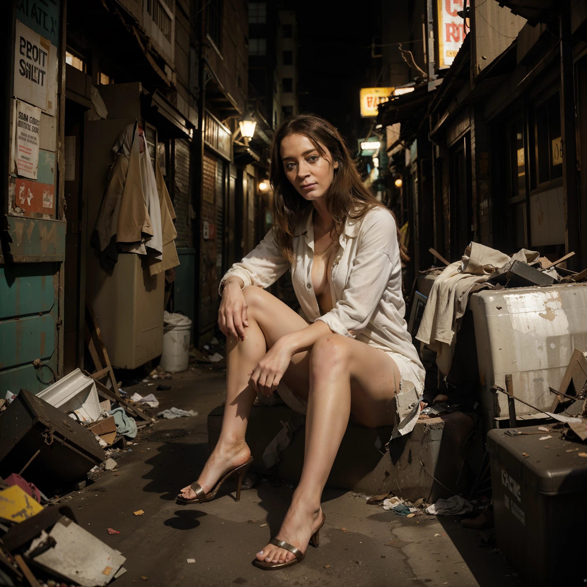 Title: "Emily Blunt: Amidst the Rubble"In the heart of the bustling city, Emily Blunt finds herself seated in a dimly lit alleyway, surrounded by a sea of discarded refuse. The alley is a forgotten corner of the urban landscape, littered with trash and debris that speaks of neglect and decay.Perched upon a mound of garbage, Blunt sits with a quiet grace, her form a striking contrast against the squalor of her surroundings. The stench of decay hangs heavy in the air, mingling with the acrid scent of stale urine and the tang of rotting food.Despite the filth that surrounds her, Blunt remains composed, her expression serene amidst the chaos. Her eyes, bright and clear, betray no hint of revulsion as they scan the alleyway, taking in the sights and sounds of the city that never sleeps.Her clothing, though modest, is immaculately kept, a testament to her innate sense of dignity and poise. Yet even in her pristine attire, she cannot escape the pervasive grime that clings to her skin and clothes, leaving behind a trail of dirt and debris with every movement she makes.As she sits amidst the rubble, Blunt seems almost ethereal—a vision of beauty and grace amidst the desolation of the urban landscape. And though the alleyway may be a forgotten corner of the world, for a fleeting moment, it becomes a stage upon which she shines, a reminder that even in the darkest of places, there is beauty to be found.