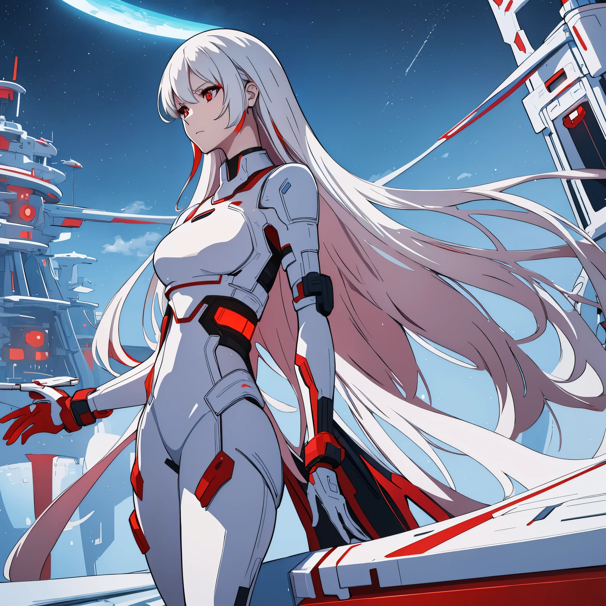 A woman , red eyes, on a white futuristic platform, sky with stars, various background structures,very detailed, ultra resolution, masterpiece. 8k hd
