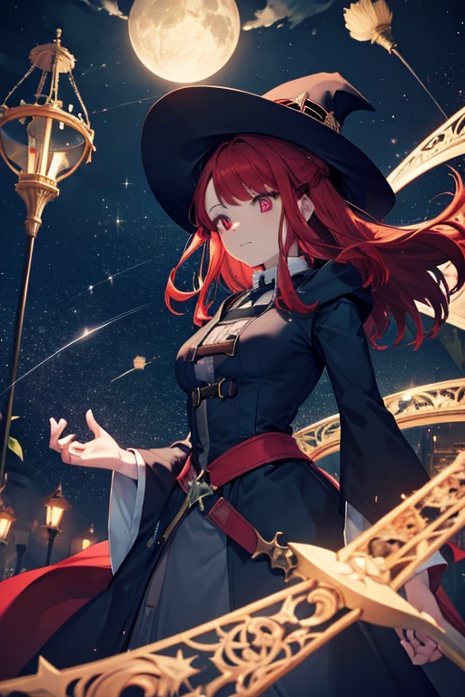 A red haired female witch with red eyes with an hourglass figure in a victorian dress is watching a shooting star