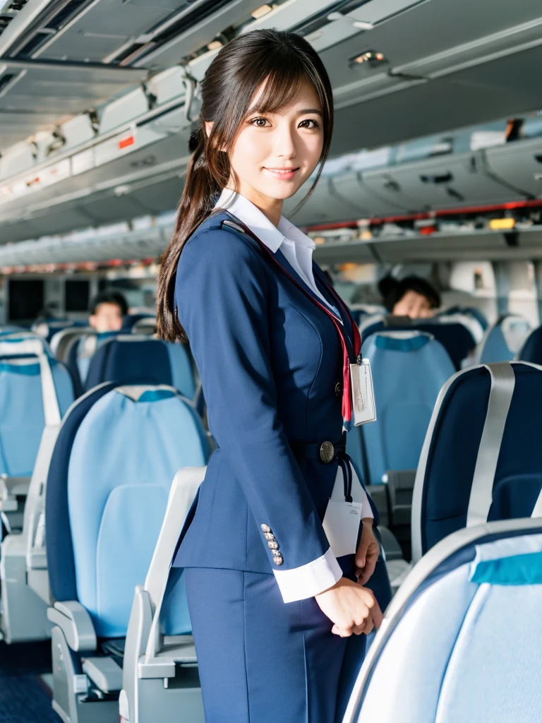 Beautiful Japanese woman in flight attendant outfit inside an airplane 
