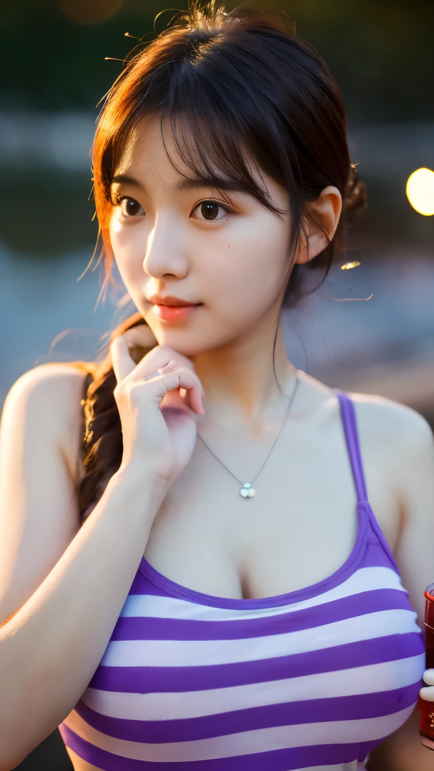 close-up, of beautiful korean female, 34 inch breasts size, wearing purple striped tank top, necklace, holding bubble tea , at the river, sunset light, bokeh background